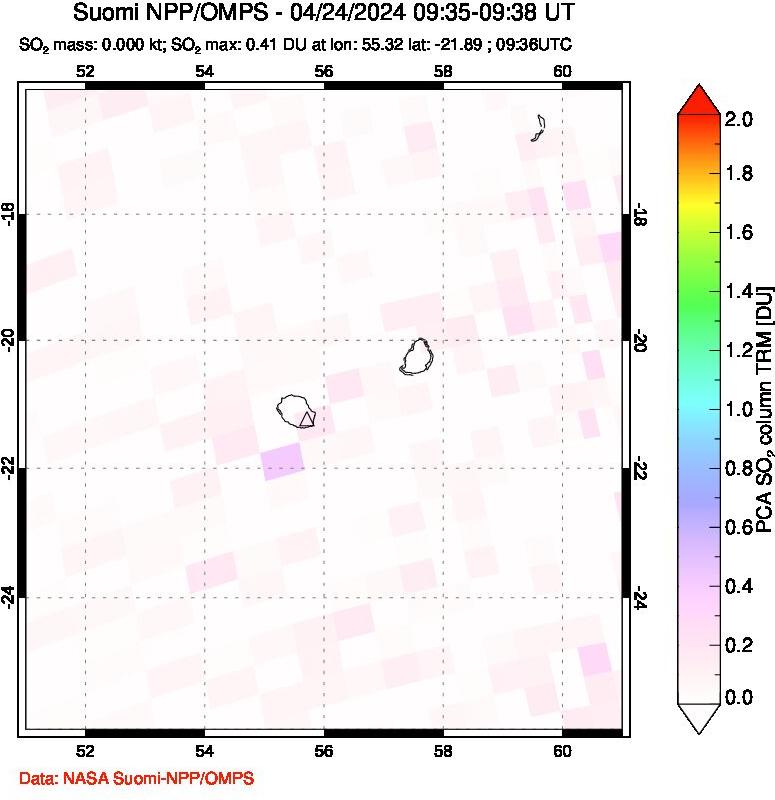 A sulfur dioxide image over Reunion Island, Indian Ocean on Apr 24, 2024.