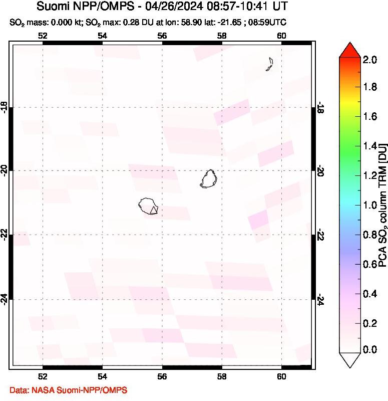 A sulfur dioxide image over Reunion Island, Indian Ocean on Apr 26, 2024.