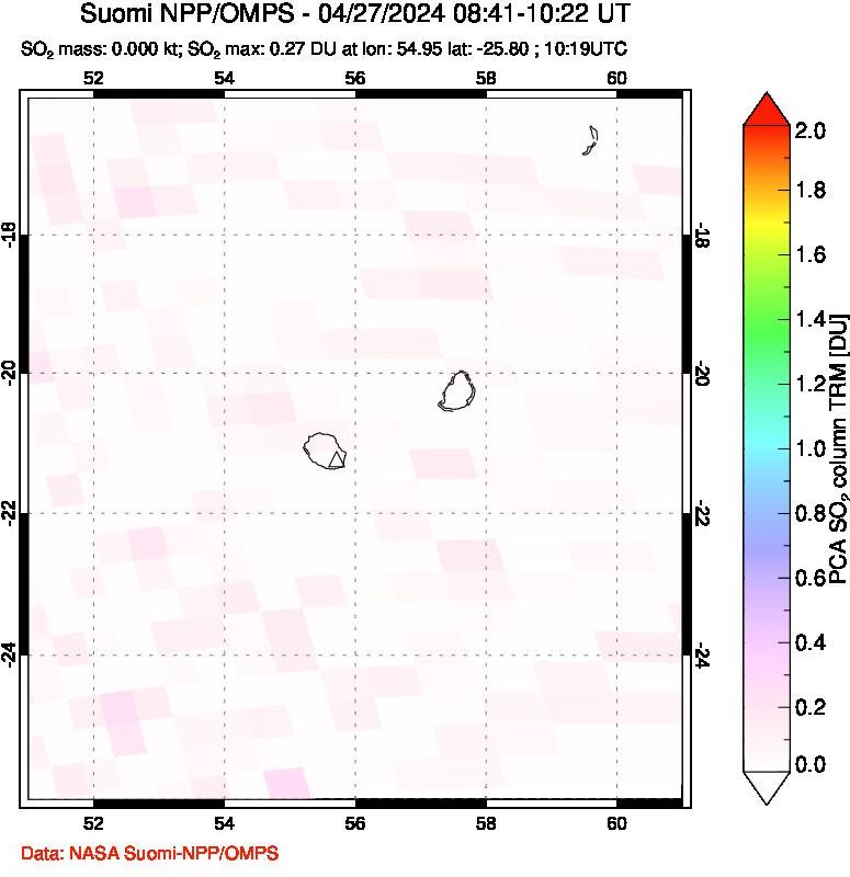 A sulfur dioxide image over Reunion Island, Indian Ocean on Apr 27, 2024.