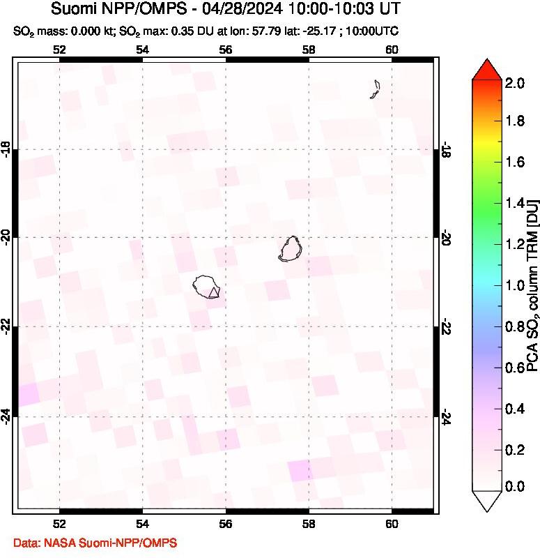 A sulfur dioxide image over Reunion Island, Indian Ocean on Apr 28, 2024.