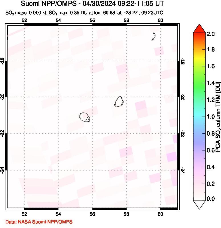 A sulfur dioxide image over Reunion Island, Indian Ocean on Apr 30, 2024.