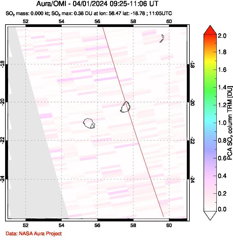 A sulfur dioxide image over Reunion Island, Indian Ocean on Apr 01, 2024.