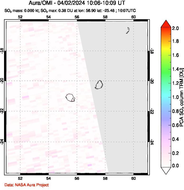 A sulfur dioxide image over Reunion Island, Indian Ocean on Apr 02, 2024.