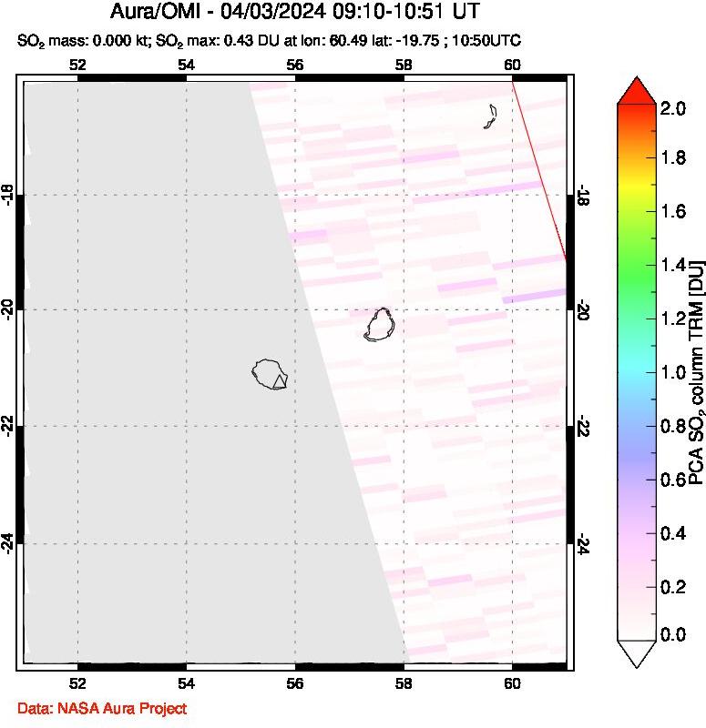 A sulfur dioxide image over Reunion Island, Indian Ocean on Apr 03, 2024.