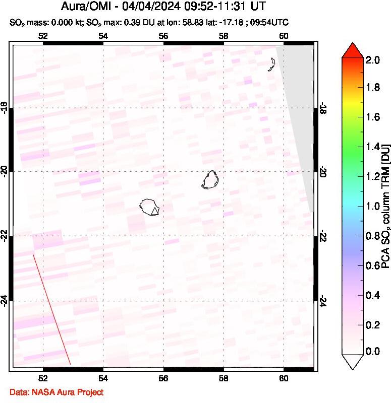 A sulfur dioxide image over Reunion Island, Indian Ocean on Apr 04, 2024.