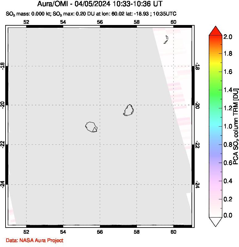 A sulfur dioxide image over Reunion Island, Indian Ocean on Apr 05, 2024.