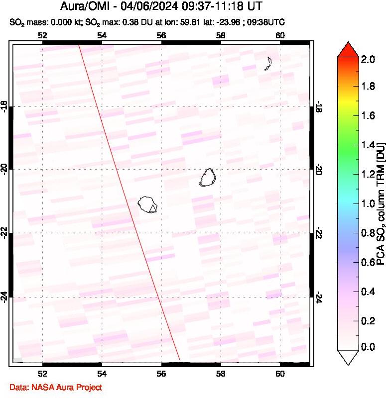 A sulfur dioxide image over Reunion Island, Indian Ocean on Apr 06, 2024.