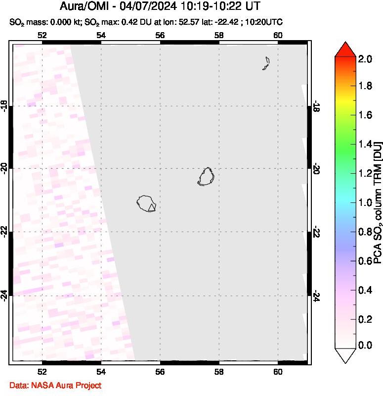 A sulfur dioxide image over Reunion Island, Indian Ocean on Apr 07, 2024.