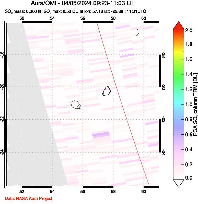 A sulfur dioxide image over Reunion Island, Indian Ocean on Apr 08, 2024.