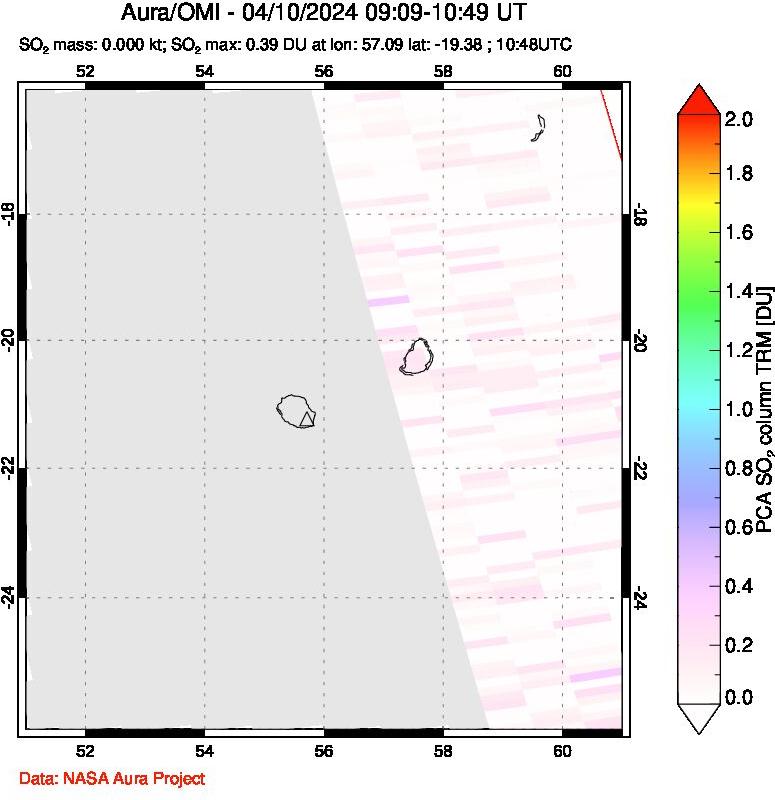 A sulfur dioxide image over Reunion Island, Indian Ocean on Apr 10, 2024.