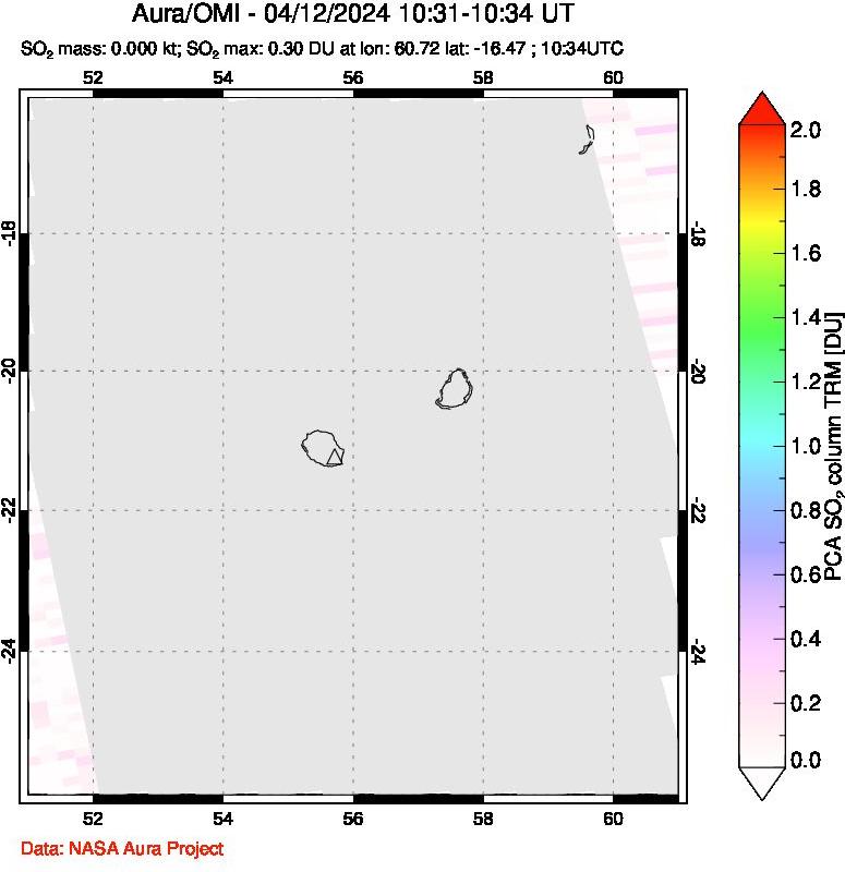 A sulfur dioxide image over Reunion Island, Indian Ocean on Apr 12, 2024.