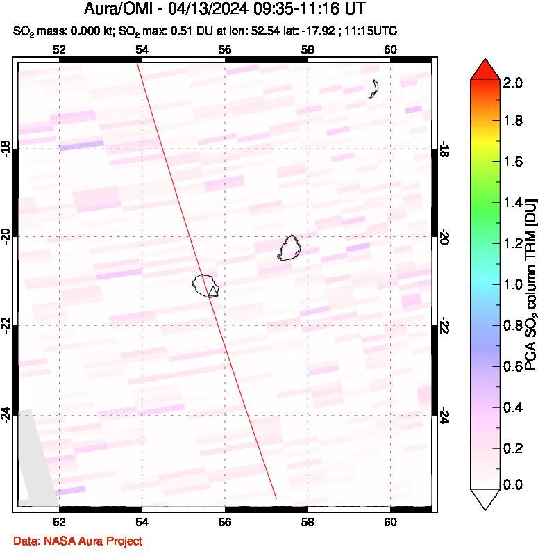 A sulfur dioxide image over Reunion Island, Indian Ocean on Apr 13, 2024.