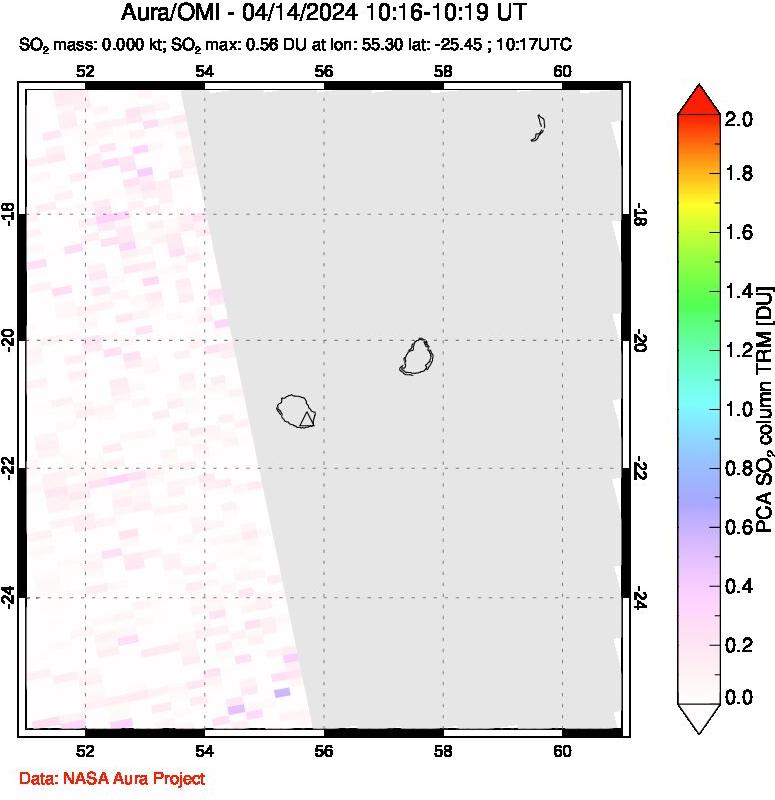 A sulfur dioxide image over Reunion Island, Indian Ocean on Apr 14, 2024.