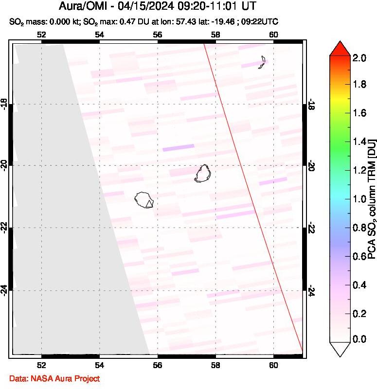 A sulfur dioxide image over Reunion Island, Indian Ocean on Apr 15, 2024.