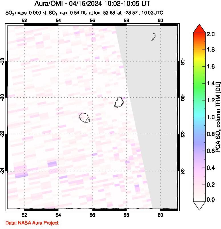 A sulfur dioxide image over Reunion Island, Indian Ocean on Apr 16, 2024.