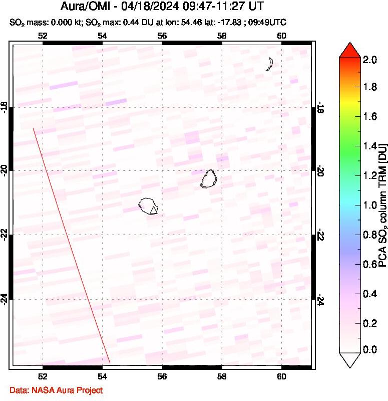 A sulfur dioxide image over Reunion Island, Indian Ocean on Apr 18, 2024.