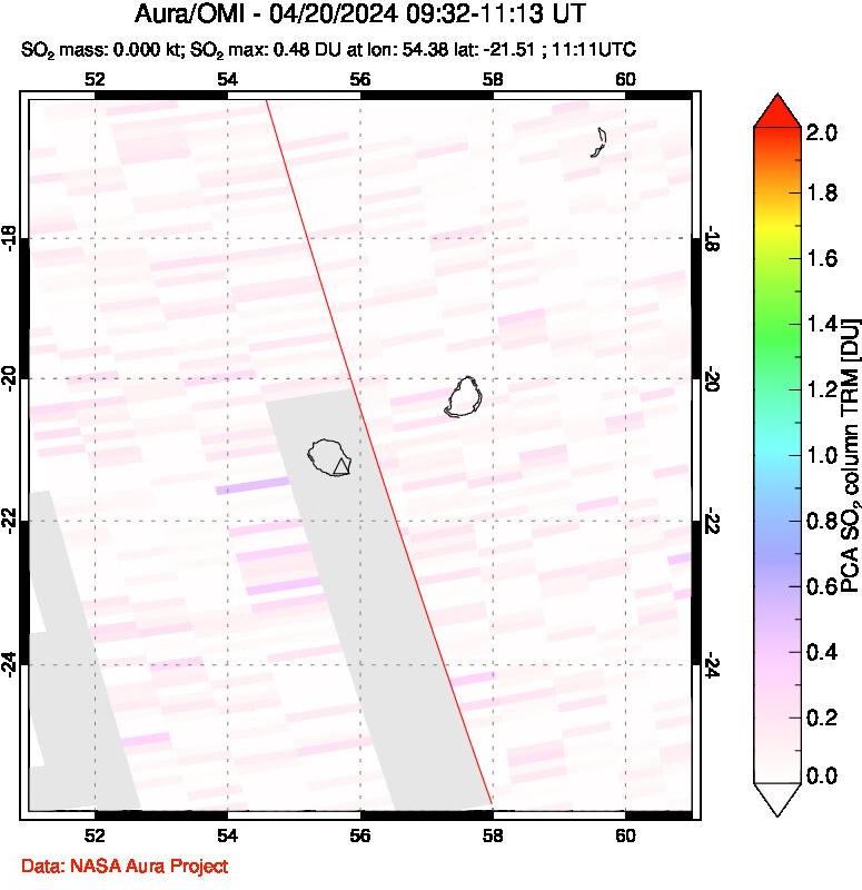 A sulfur dioxide image over Reunion Island, Indian Ocean on Apr 20, 2024.