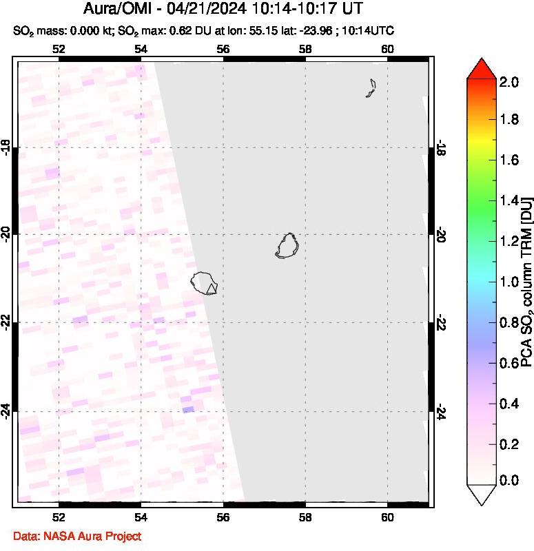 A sulfur dioxide image over Reunion Island, Indian Ocean on Apr 21, 2024.