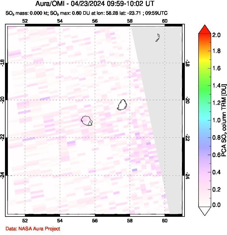 A sulfur dioxide image over Reunion Island, Indian Ocean on Apr 23, 2024.