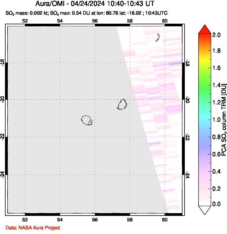 A sulfur dioxide image over Reunion Island, Indian Ocean on Apr 24, 2024.