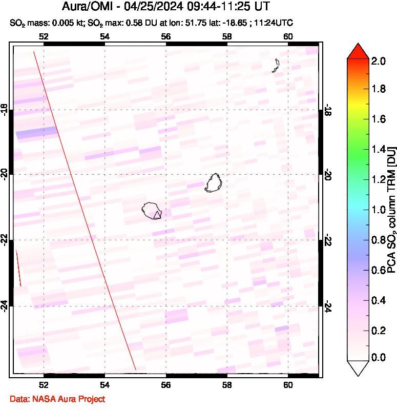 A sulfur dioxide image over Reunion Island, Indian Ocean on Apr 25, 2024.