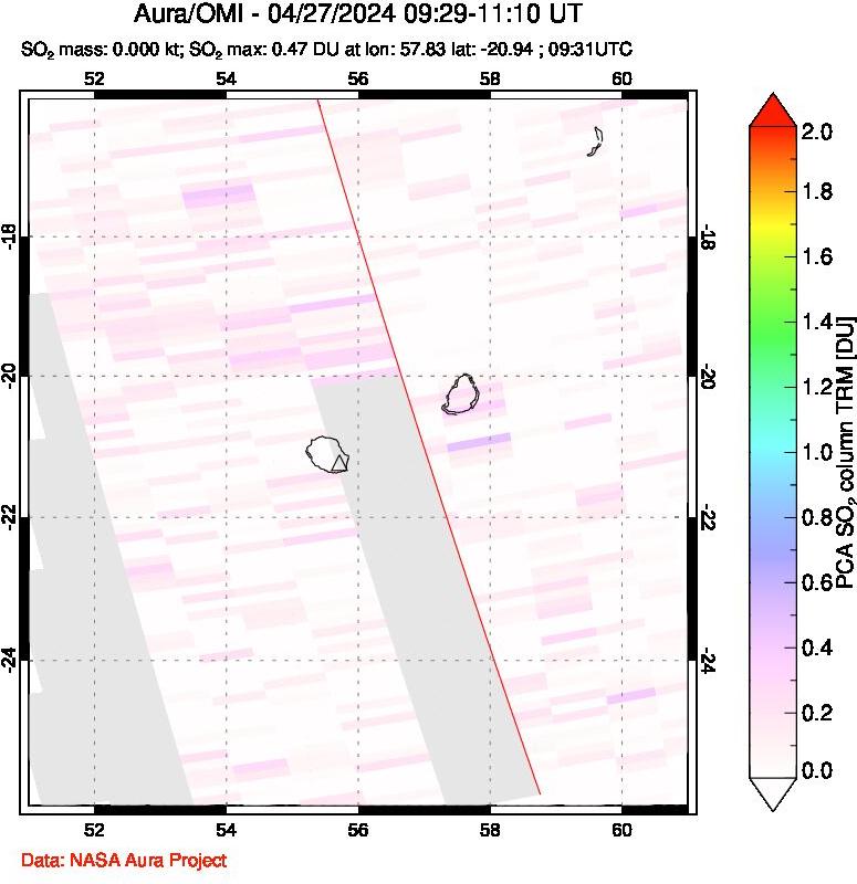 A sulfur dioxide image over Reunion Island, Indian Ocean on Apr 27, 2024.