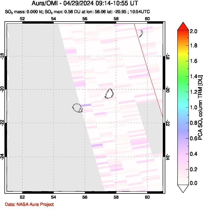 A sulfur dioxide image over Reunion Island, Indian Ocean on Apr 29, 2024.