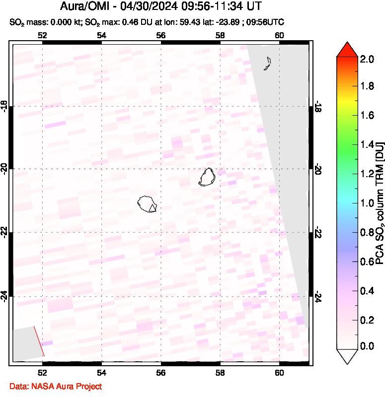 A sulfur dioxide image over Reunion Island, Indian Ocean on Apr 30, 2024.