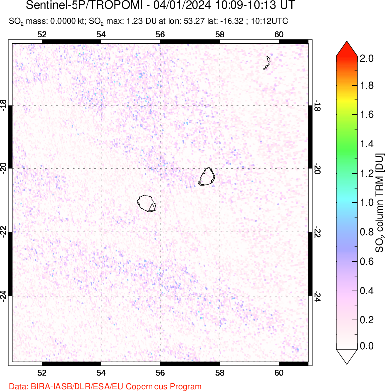 A sulfur dioxide image over Reunion Island, Indian Ocean on Apr 01, 2024.