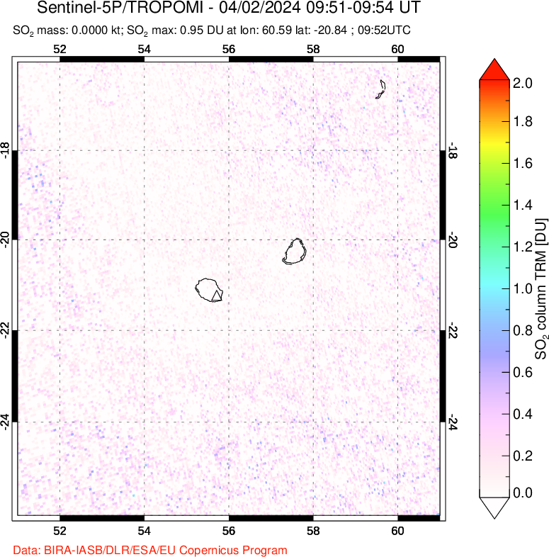 A sulfur dioxide image over Reunion Island, Indian Ocean on Apr 02, 2024.