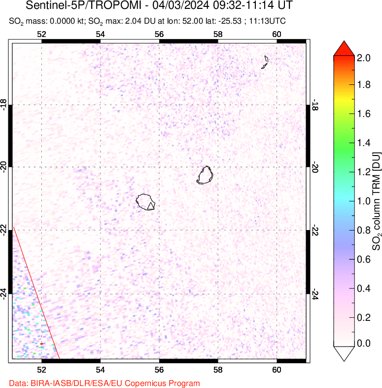 A sulfur dioxide image over Reunion Island, Indian Ocean on Apr 03, 2024.