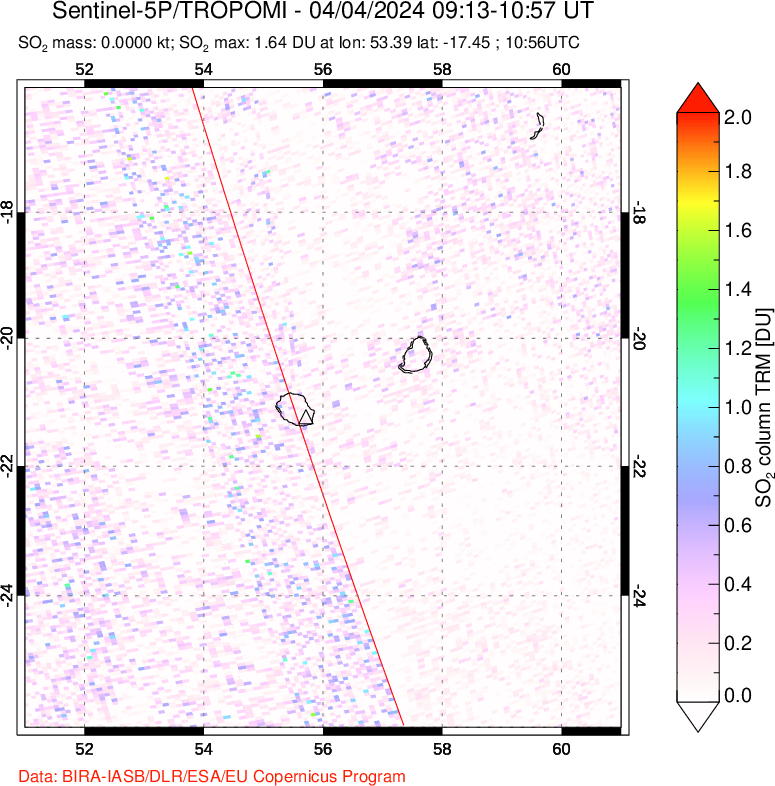 A sulfur dioxide image over Reunion Island, Indian Ocean on Apr 04, 2024.