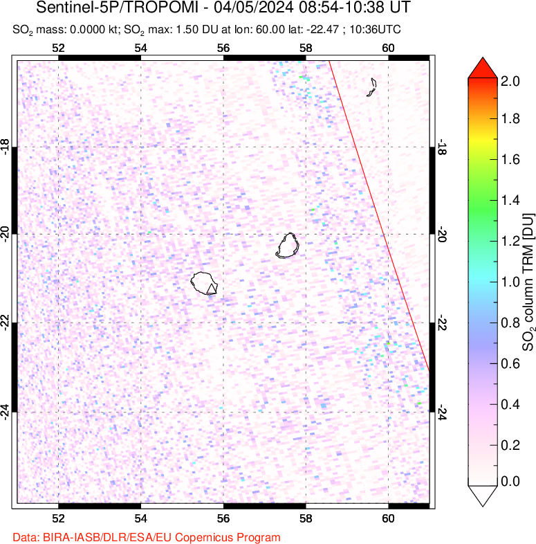 A sulfur dioxide image over Reunion Island, Indian Ocean on Apr 05, 2024.