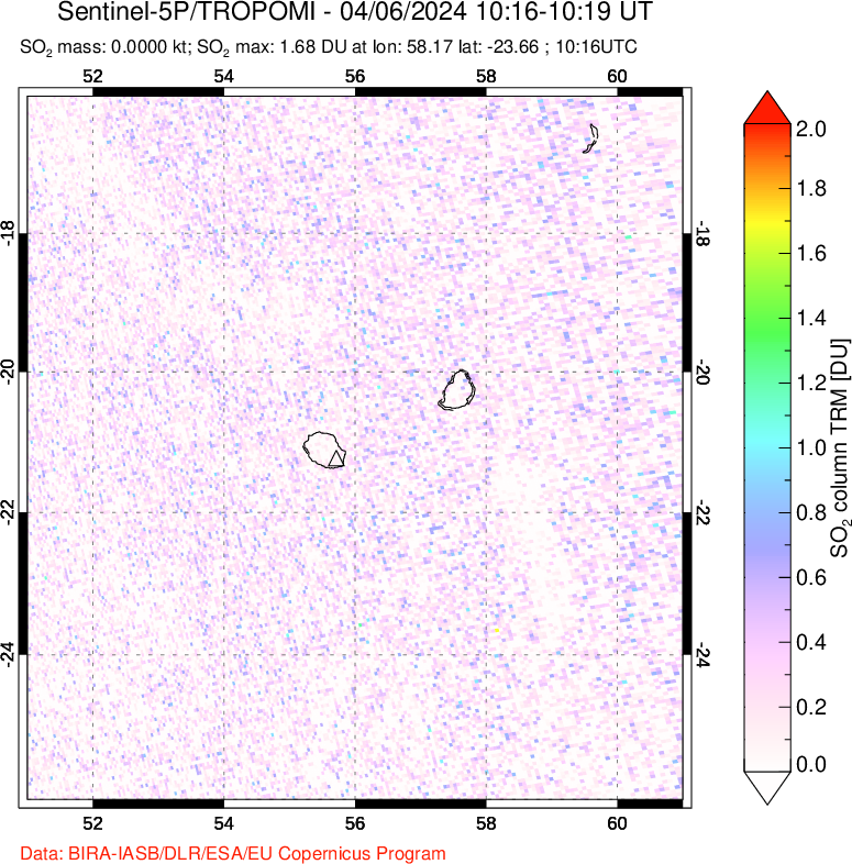 A sulfur dioxide image over Reunion Island, Indian Ocean on Apr 06, 2024.