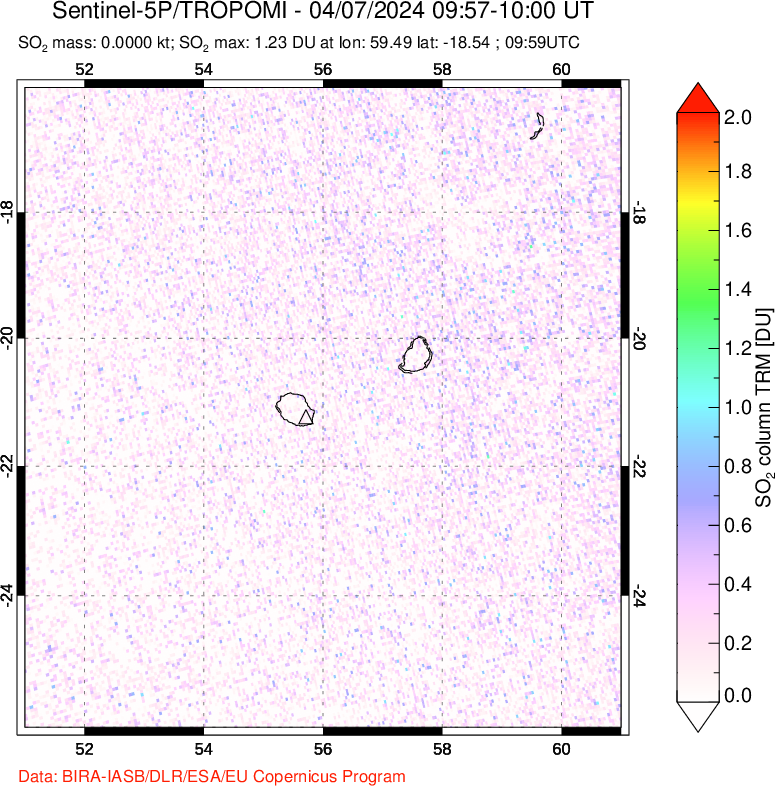 A sulfur dioxide image over Reunion Island, Indian Ocean on Apr 07, 2024.