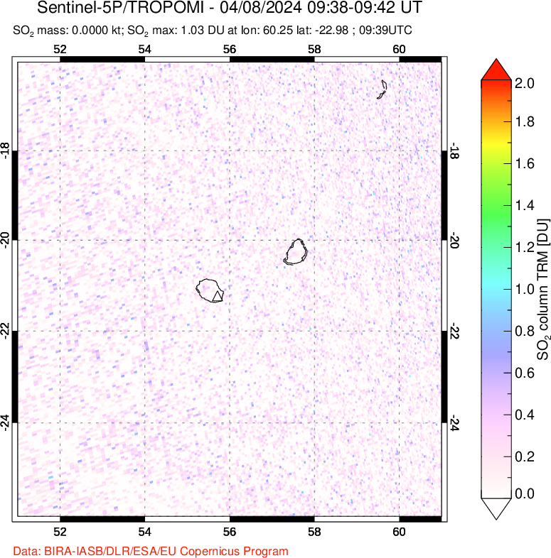 A sulfur dioxide image over Reunion Island, Indian Ocean on Apr 08, 2024.