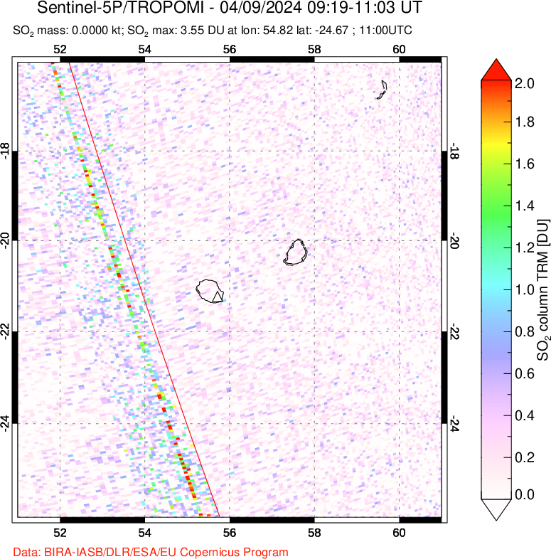 A sulfur dioxide image over Reunion Island, Indian Ocean on Apr 09, 2024.