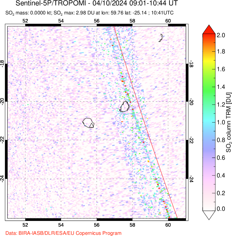 A sulfur dioxide image over Reunion Island, Indian Ocean on Apr 10, 2024.