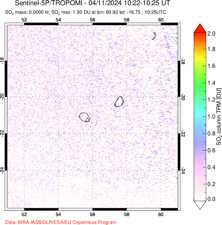 A sulfur dioxide image over Reunion Island, Indian Ocean on Apr 11, 2024.