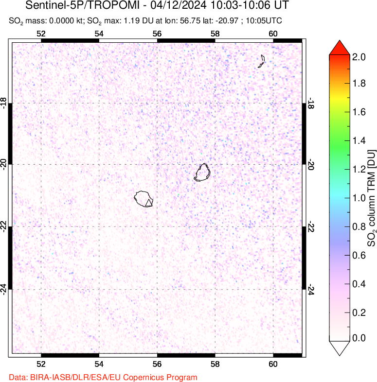 A sulfur dioxide image over Reunion Island, Indian Ocean on Apr 12, 2024.