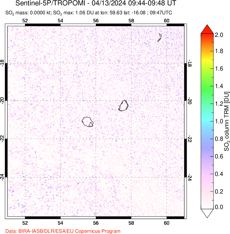 A sulfur dioxide image over Reunion Island, Indian Ocean on Apr 13, 2024.