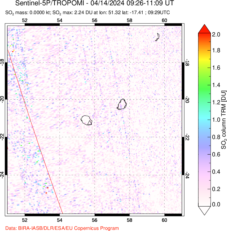 A sulfur dioxide image over Reunion Island, Indian Ocean on Apr 14, 2024.