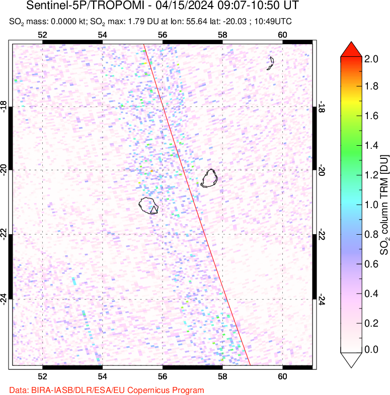 A sulfur dioxide image over Reunion Island, Indian Ocean on Apr 15, 2024.