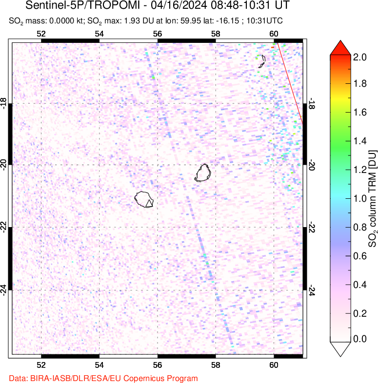 A sulfur dioxide image over Reunion Island, Indian Ocean on Apr 16, 2024.