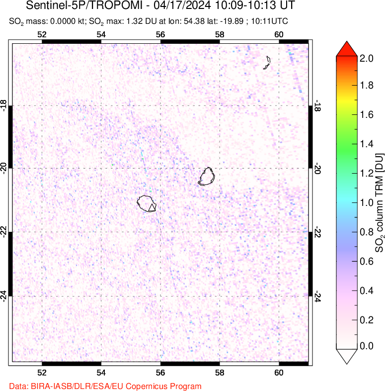 A sulfur dioxide image over Reunion Island, Indian Ocean on Apr 17, 2024.