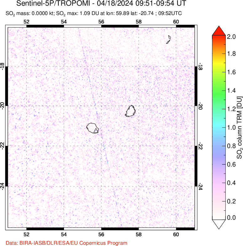 A sulfur dioxide image over Reunion Island, Indian Ocean on Apr 18, 2024.