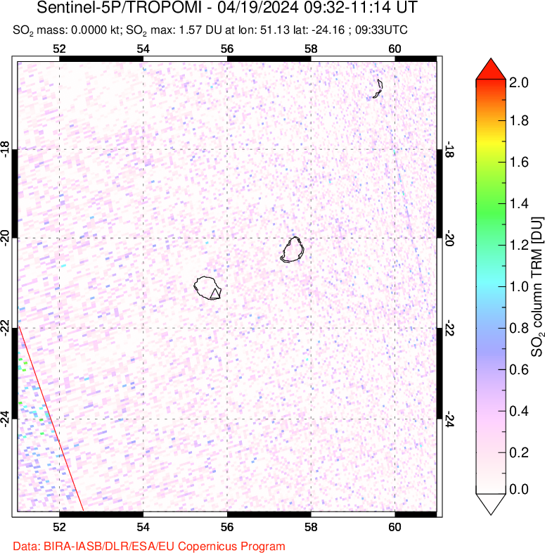 A sulfur dioxide image over Reunion Island, Indian Ocean on Apr 19, 2024.