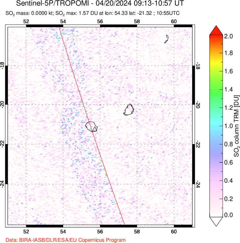 A sulfur dioxide image over Reunion Island, Indian Ocean on Apr 20, 2024.