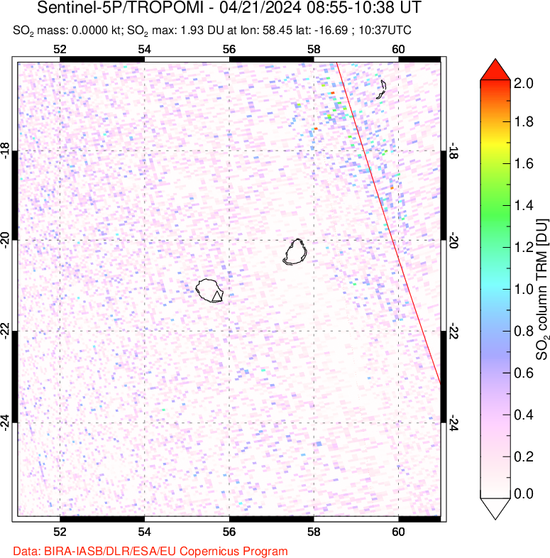 A sulfur dioxide image over Reunion Island, Indian Ocean on Apr 21, 2024.