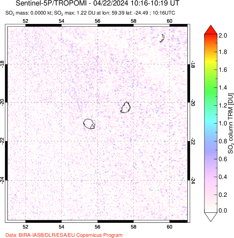 A sulfur dioxide image over Reunion Island, Indian Ocean on Apr 22, 2024.